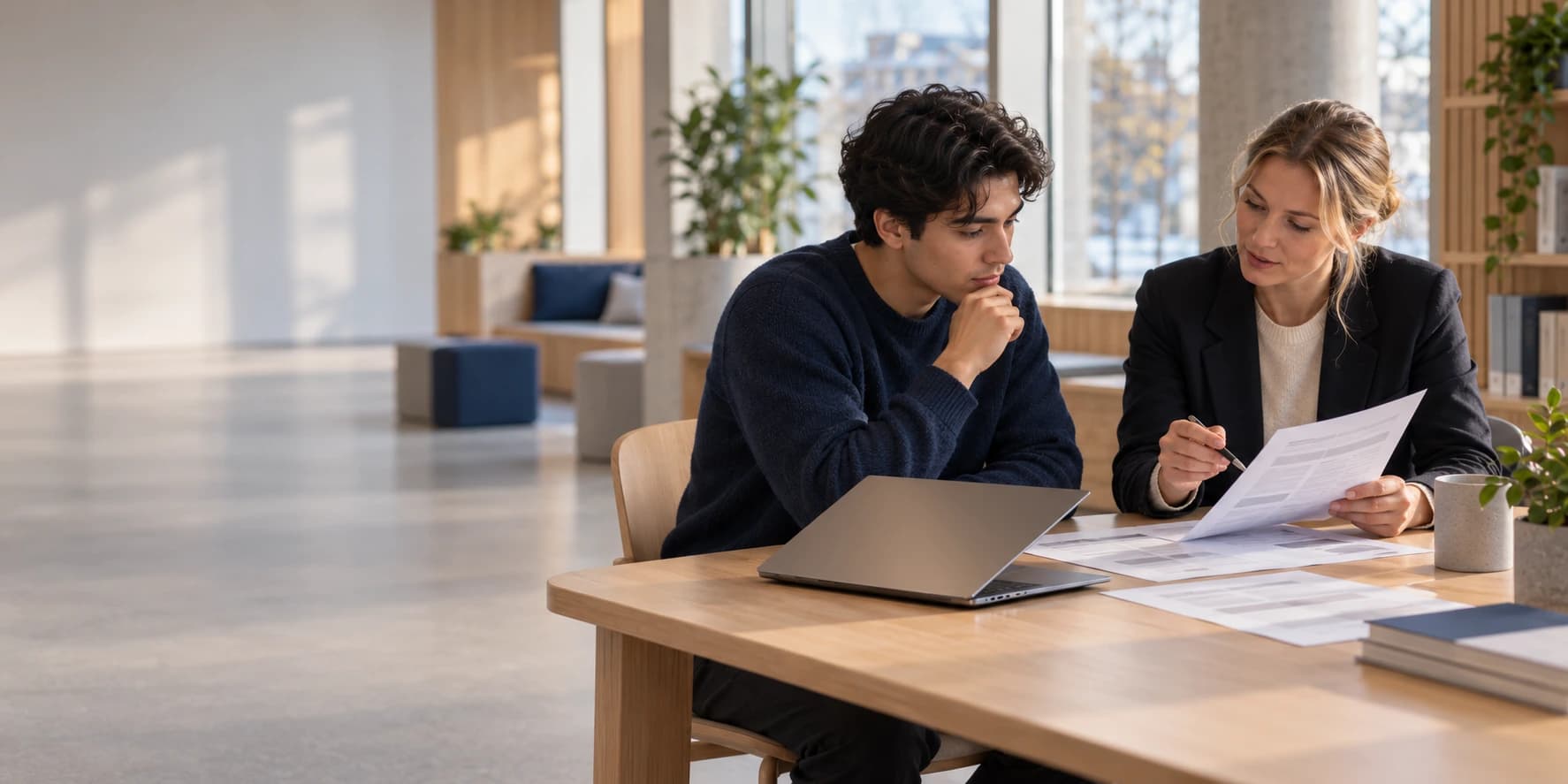 An applicant and an education consultant sitting together at a table in a bright Nordic office, reviewing printed application documents beside a laptop.
