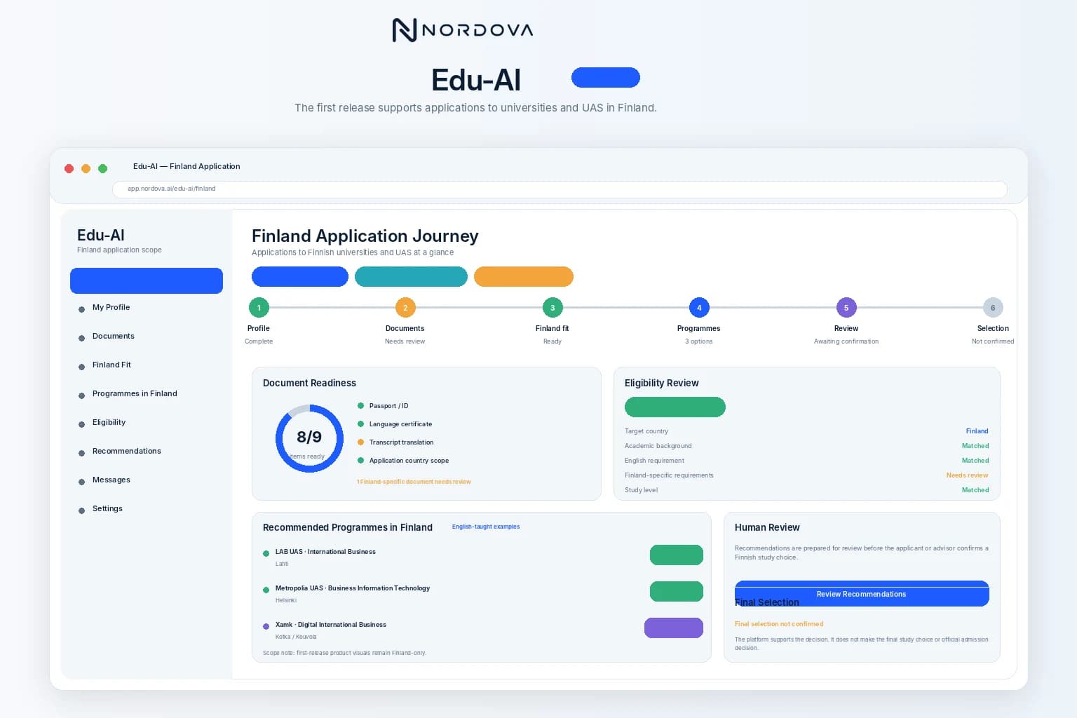 Edu-AI browser mockup showing a Finland-focused admissions-support interface.