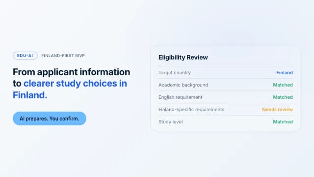 Edu-AI thumbnail showing an eligibility review panel for a Finnish university application.