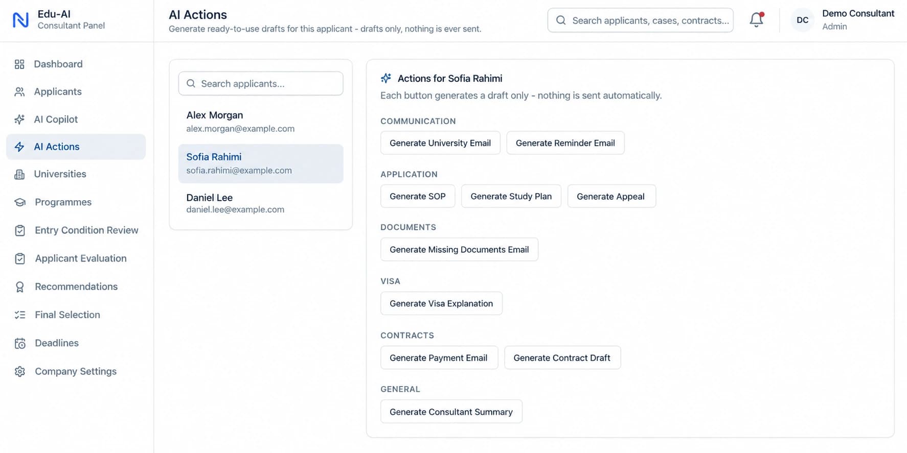 Edu-AI AI Actions interface showing draft-only tools for consultant communication and application workflows.