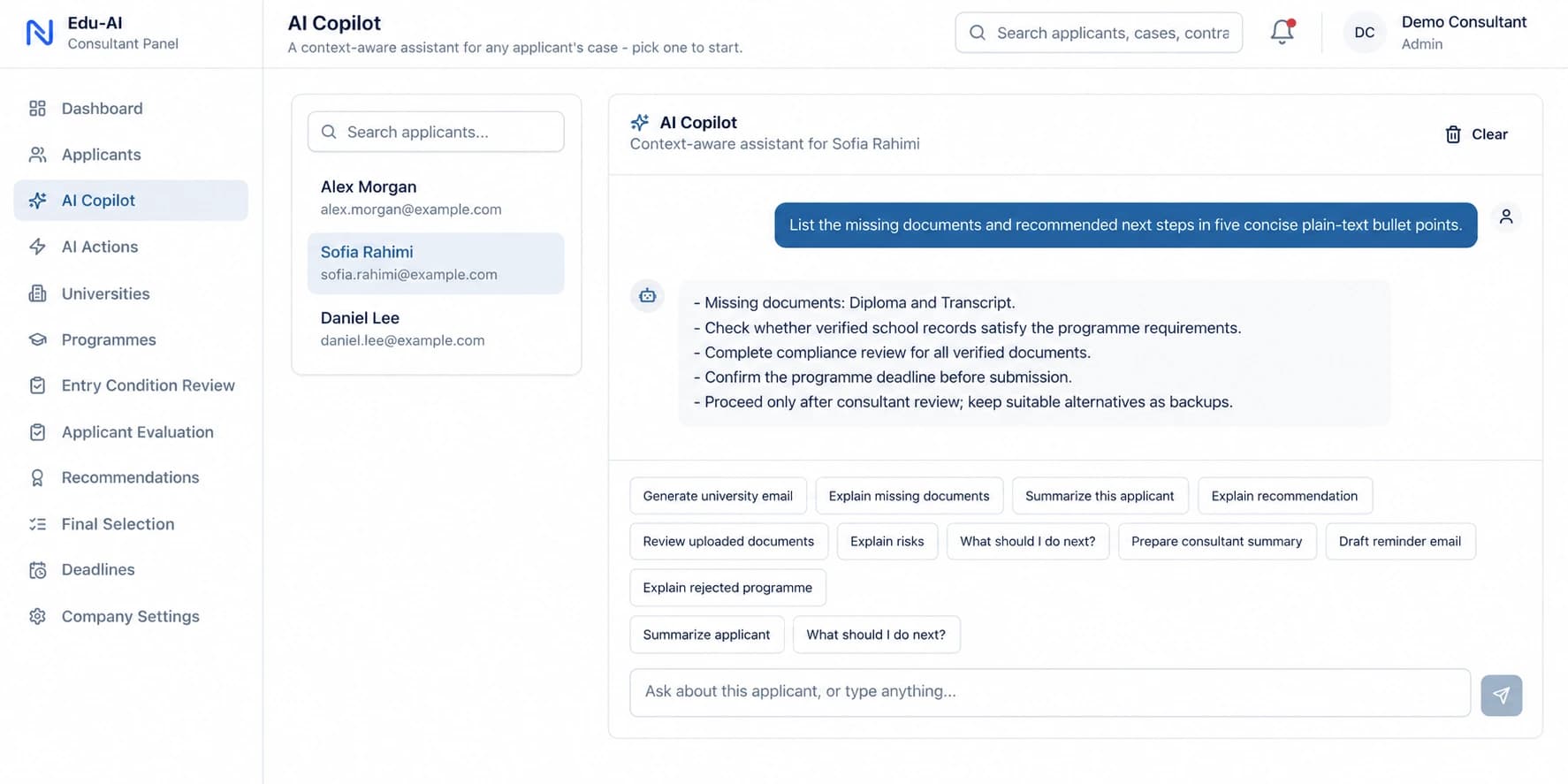 Edu-AI Copilot summarizing missing documents and recommended next steps for a synthetic demo applicant.