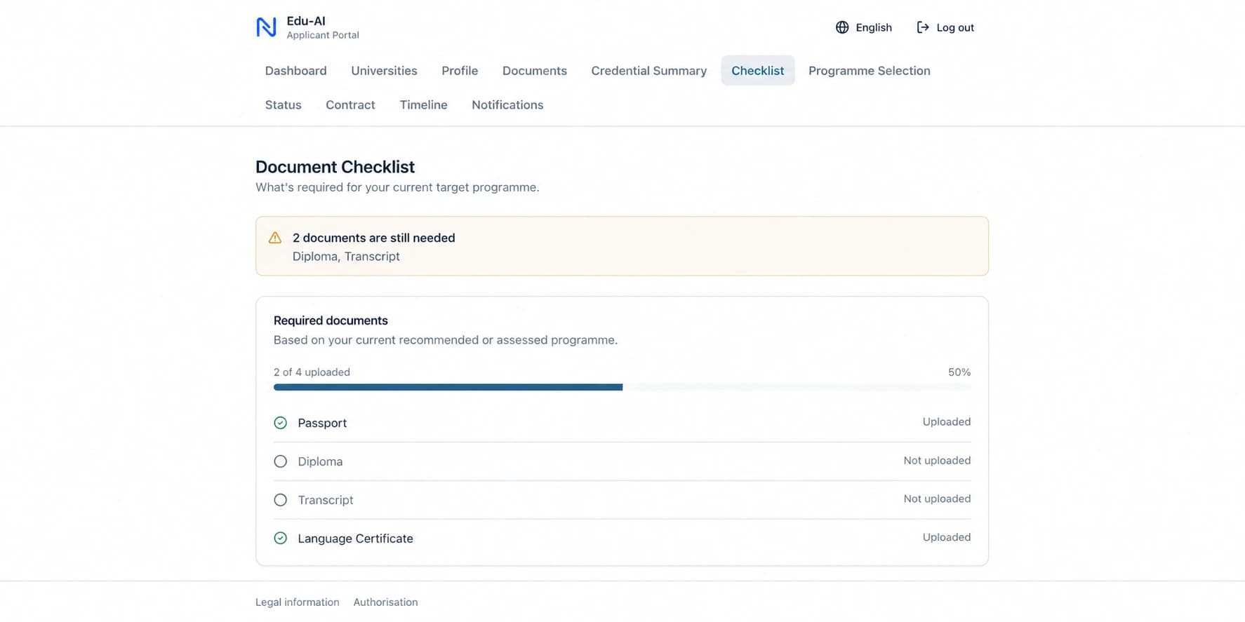 Edu-AI applicant portal showing a document checklist with two of four required documents uploaded.