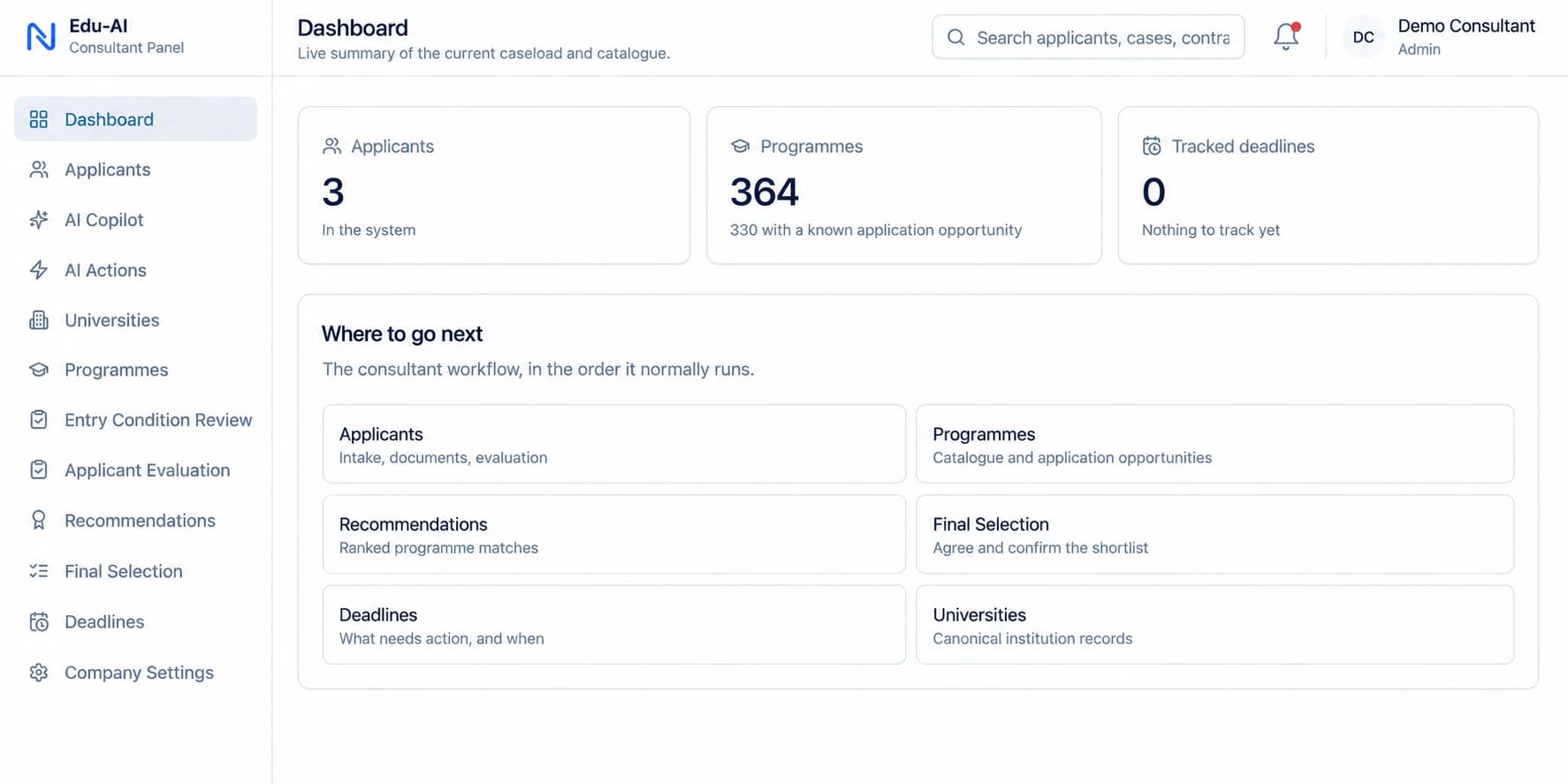 Edu-AI consultant dashboard showing applicant, programme, deadline, and workflow summaries.
