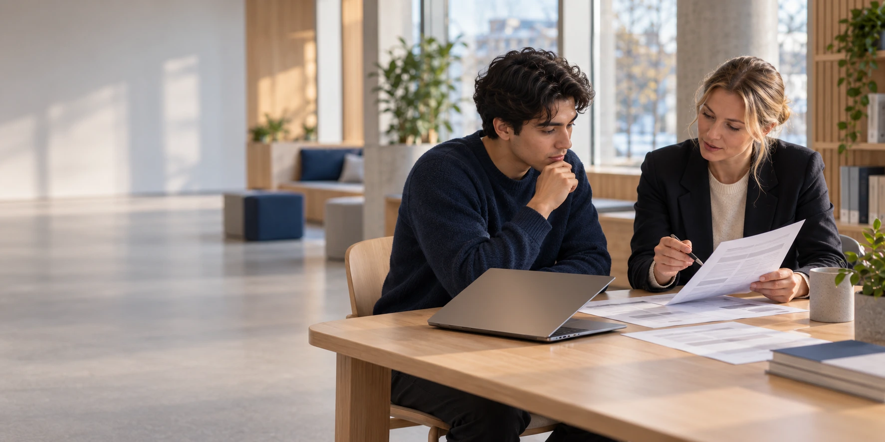 An applicant and an education consultant sitting together at a table in a bright Nordic office, reviewing printed application documents beside a laptop.
